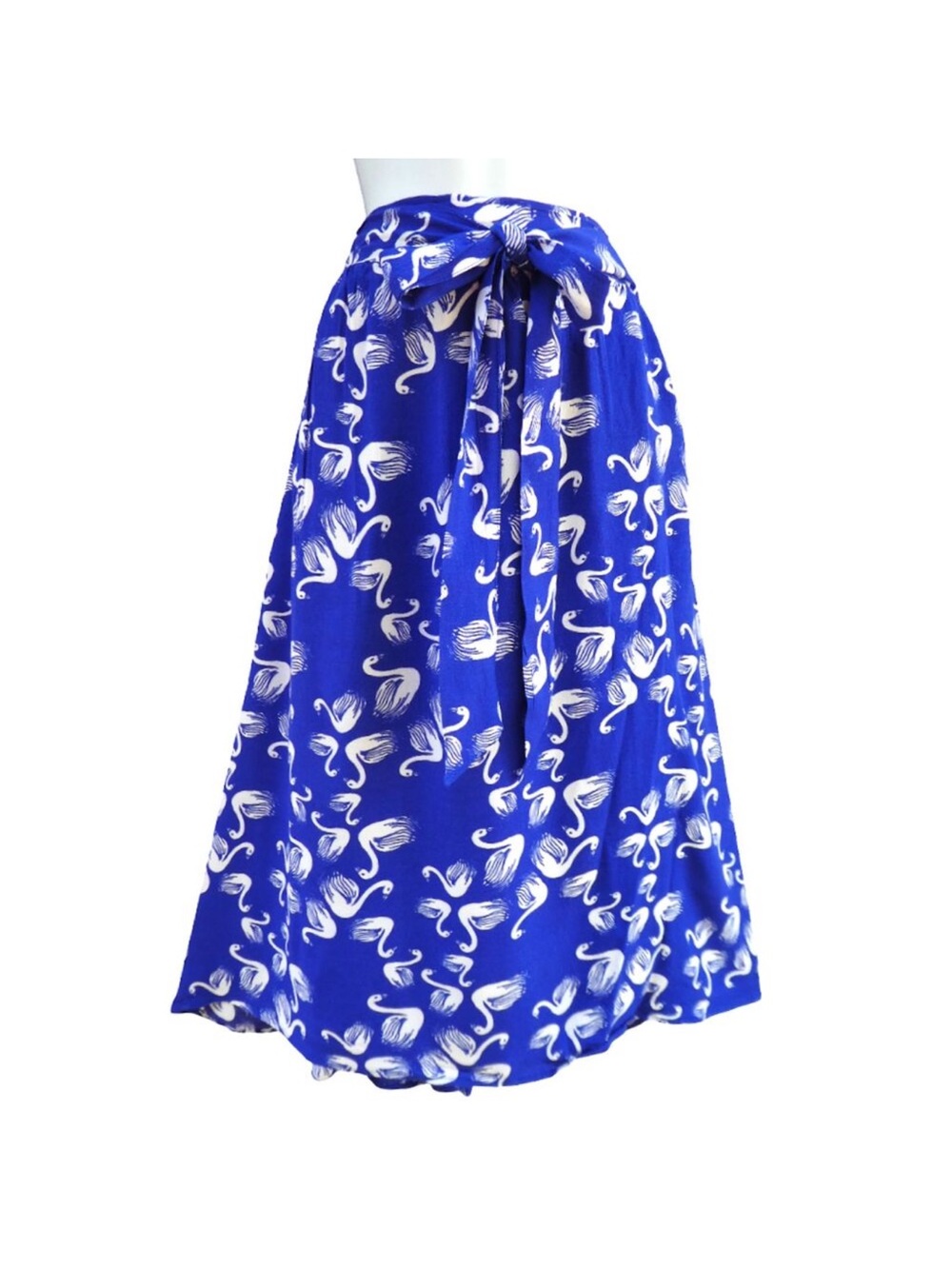 Anthropologie Royal Blue and White Tie-Waist Printed Maxi Skirt